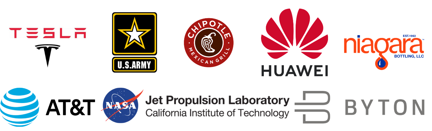 Huawei, Chipotle, US Army, Testla, NASA Jet Propulsion Lab, Byton, AT&T, Niagara Bottling